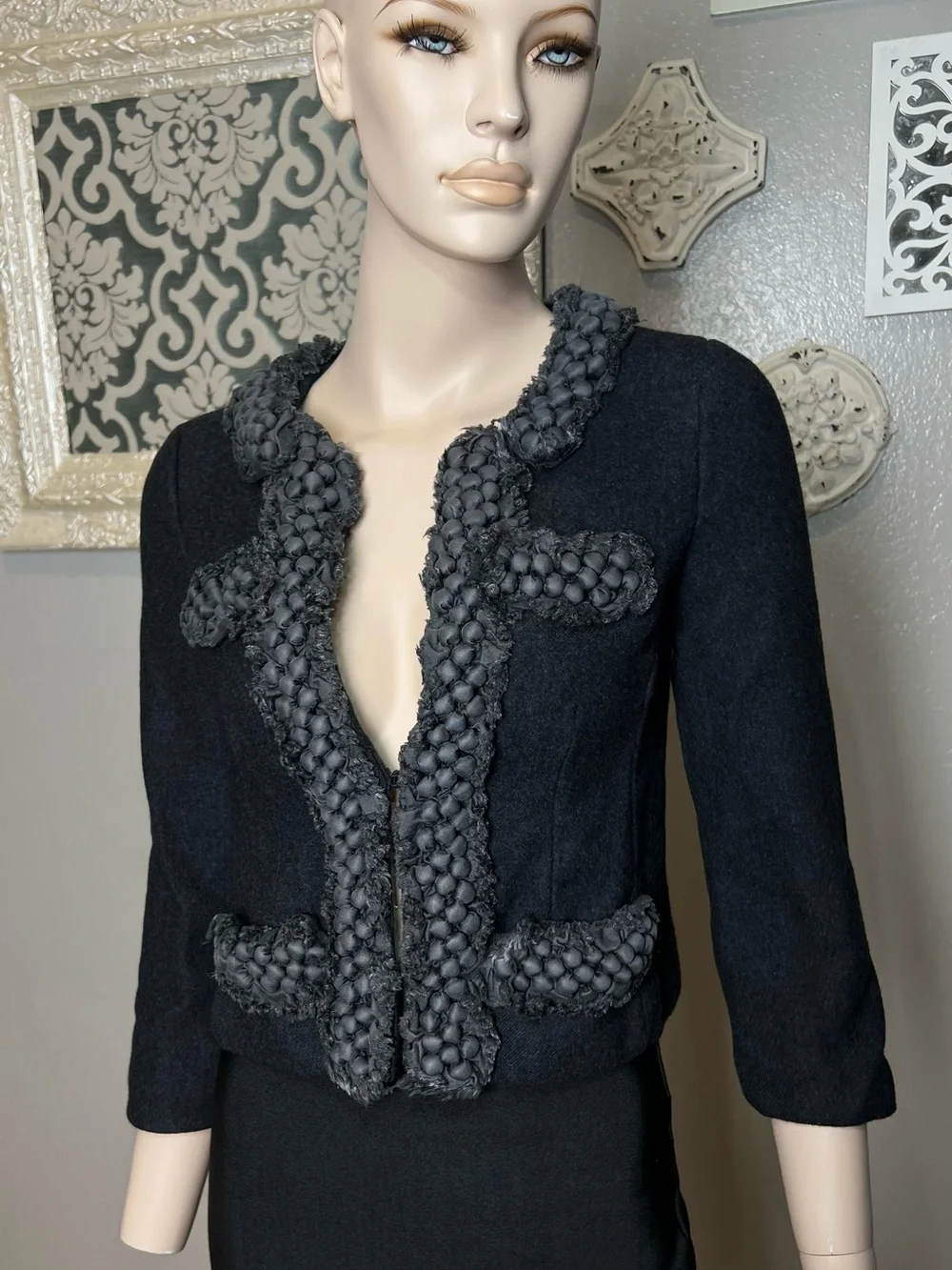 J Crew Wool Blend Denim Blue Cropped Jacket with Braided Trim